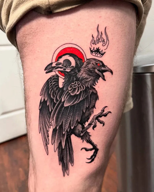 Big Blackwork Two Crows with Crown and Halo Men Thigh by @inkofeden