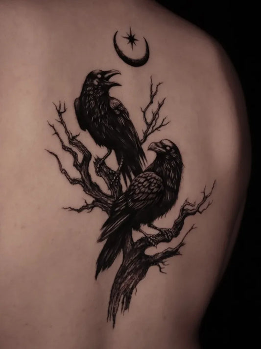 Big Blackwork Two Ravens and Crescent Moon on Men Shoulder Tattoo by @vanmong0d