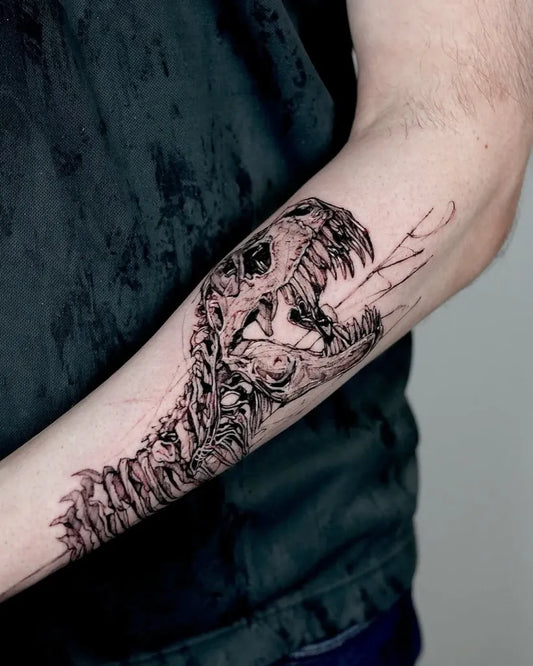 Big Blackwork TyrannosaurusSkeleton on Men Arm Tattoo by @tattoosfolder