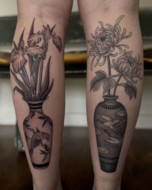 Big Blackwork Vases with Flowers and Fish Tattoo on Women Calf by @crucibletattooco