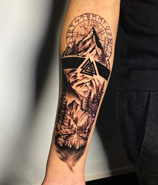 Big Blackwork Vegvisir Mountain Forest Tattoo on Men Arm by @ferkko_tattoo