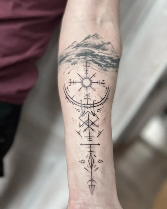 Big Blackwork Vegvisir Mountain Tattoo on Men Forearm by @alextattoo.gdansk