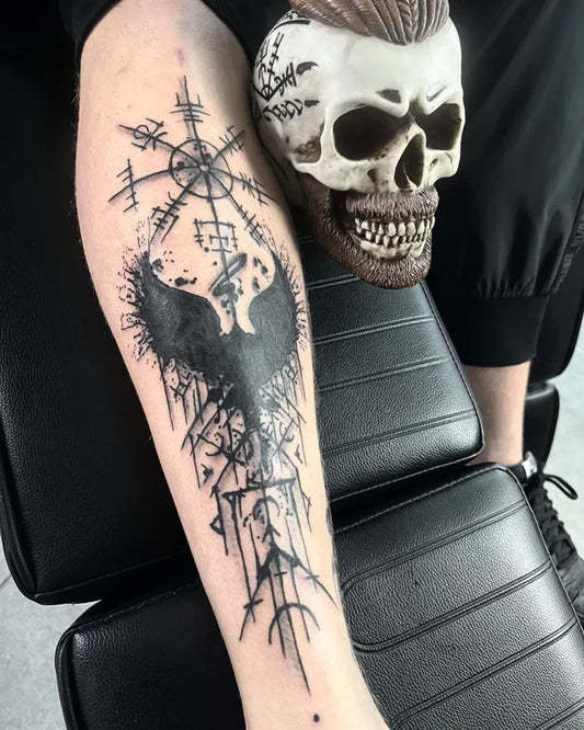Big Blackwork Vegvisir Phoenix Runes Tattoo on Men Arm by @projekt_tattoo_ink