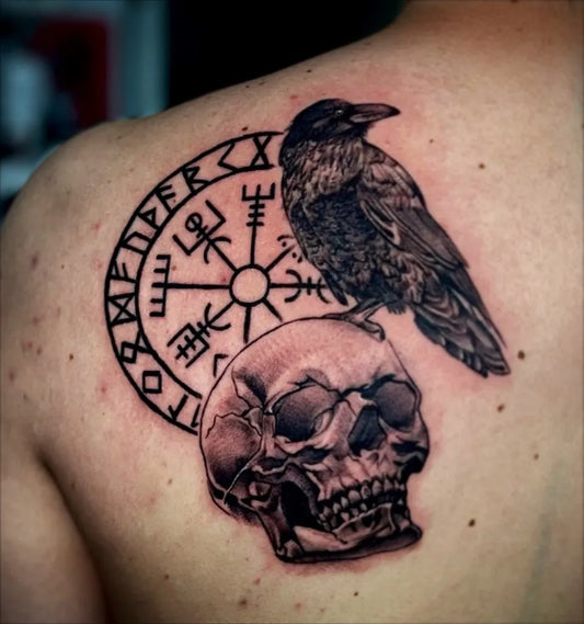 Big Blackwork Vegvisir Raven Skull Tattoo on Men Shoulder by @cesar.tatts