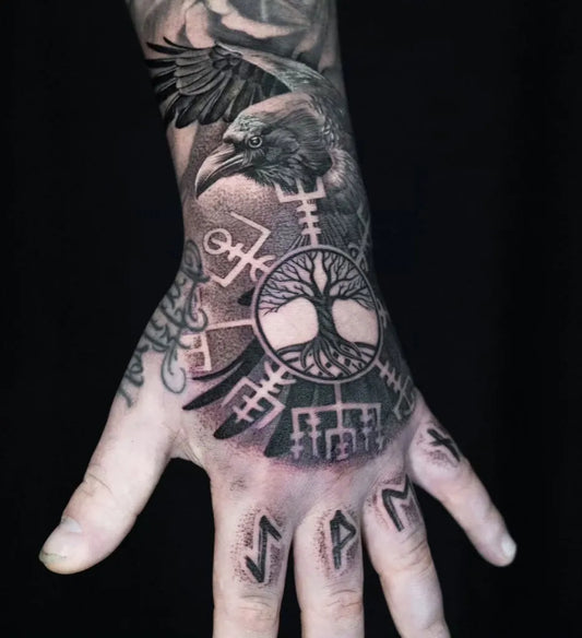 Big Blackwork Vegvisir Raven Yggdrasil Tattoo on Men Hand by @tattoos_by_sarah