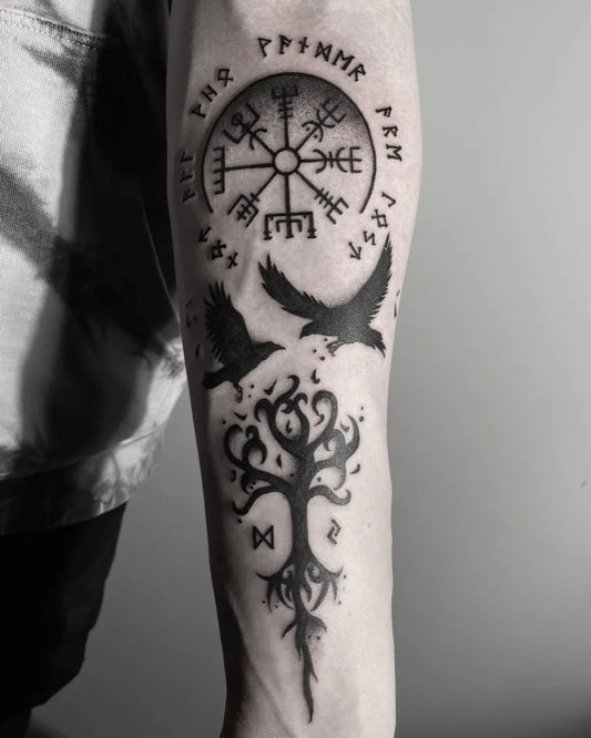 Big Blackwork Vegvisir Ravens and Yggdrasil Tattoo on Men Arm by @fira.tattoo