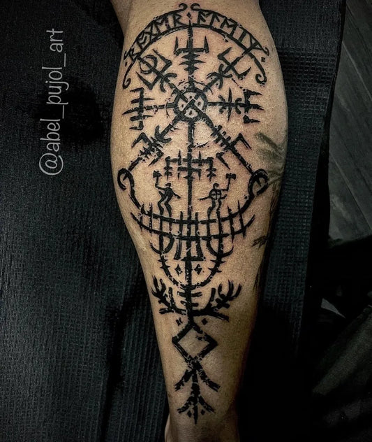 Big Blackwork Vegvisir Tattoo on Men Leg by @runeblood_official