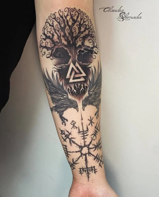 Big Blackwork Vegvisir Tree of Life Tattoo on Men Forearm by @claudia_shimada