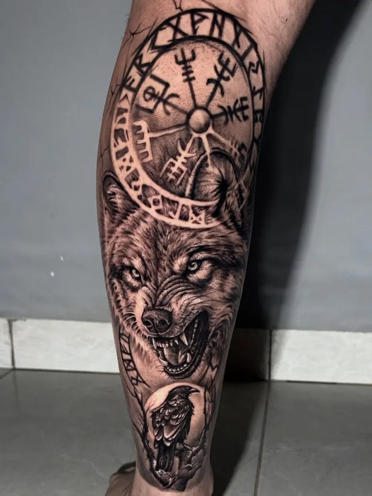 Big Blackwork Vegvisir Wolf Odin on Men Leg Tattoo by @viinitattoo