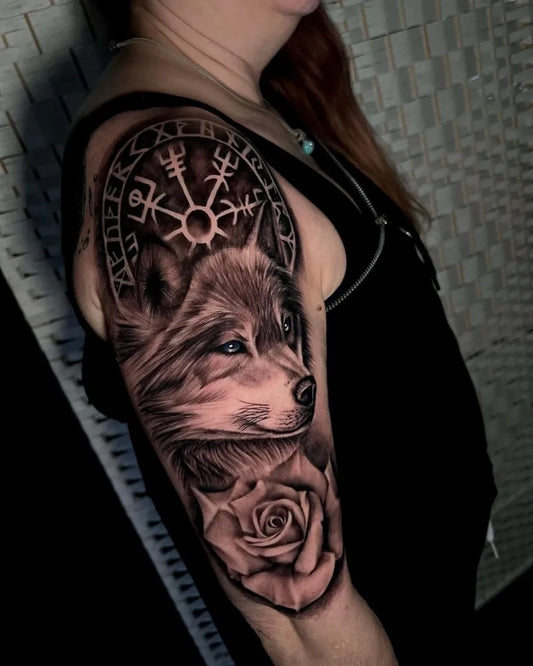 Big Blackwork Vegvisir Wolf Rose Tattoo on Women Shoulder by @venomtattoobg