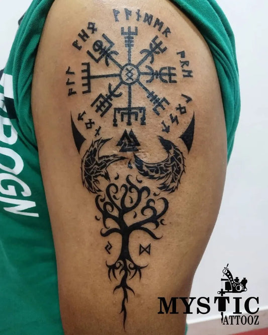 Big Blackwork Vegvisir Wolves Tree Tattoo on Men Arm by @mystic_tattooz
