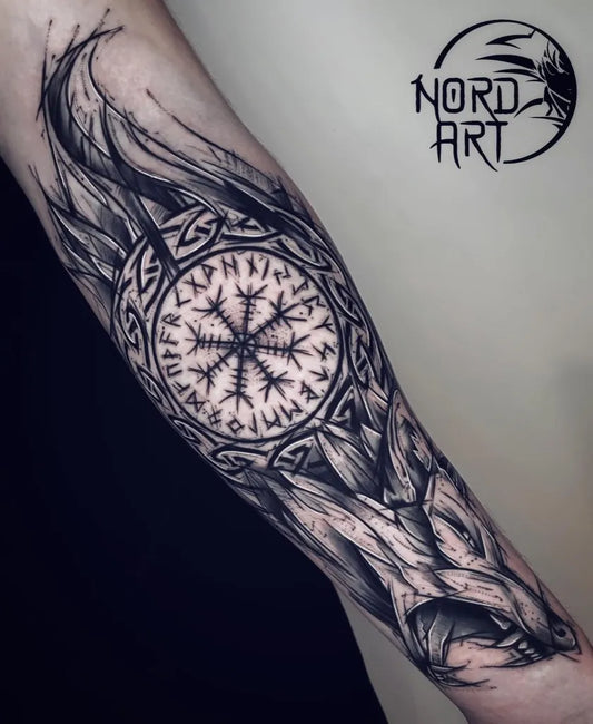 Big Blackwork Vegvisir and Dragon Tattoo on Men Arm by @nord.art.tattoo