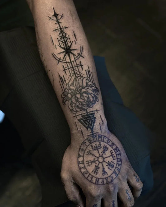 Big Blackwork Vegvisir and Flowers Tattoo on Men Arm by @emilytattoohereee