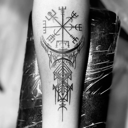 Big Blackwork Vegvisir and Nordic Runes Tattoo on Men Arm by @yogo_18