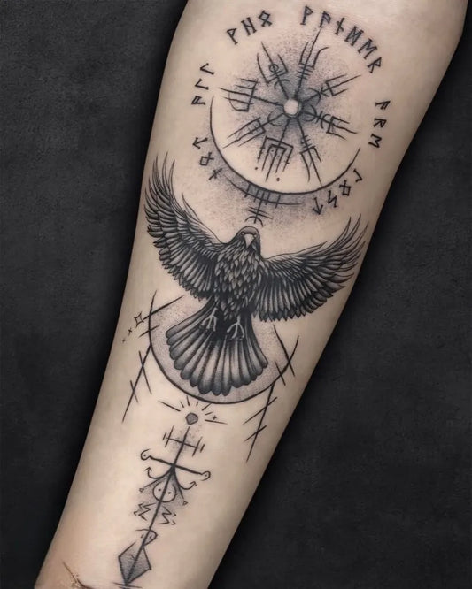 Big Blackwork Vegvisir and Raven Tattoo on Men Arm by @artbyganesh