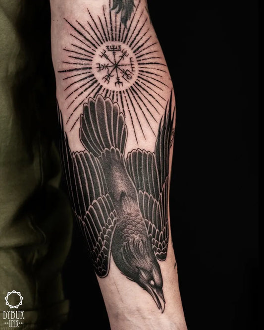 Big Blackwork Vegvisir and Raven Tattoo on Men Arm by @dybuk.ink