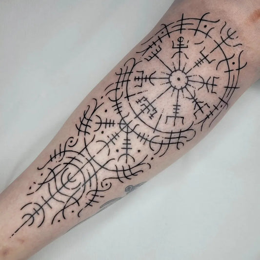 Big Blackwork Vegvisir and Runes Tattoo on Men Arm by @argundir_tattoo