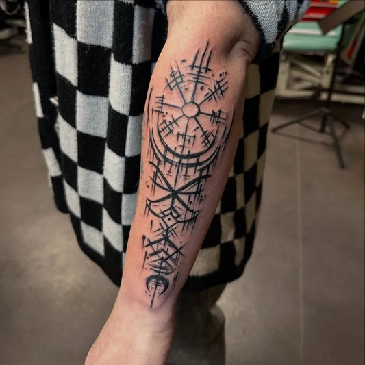 Big Blackwork Vegvisir and Runes Tattoo on Men Arm by @moosetattoos