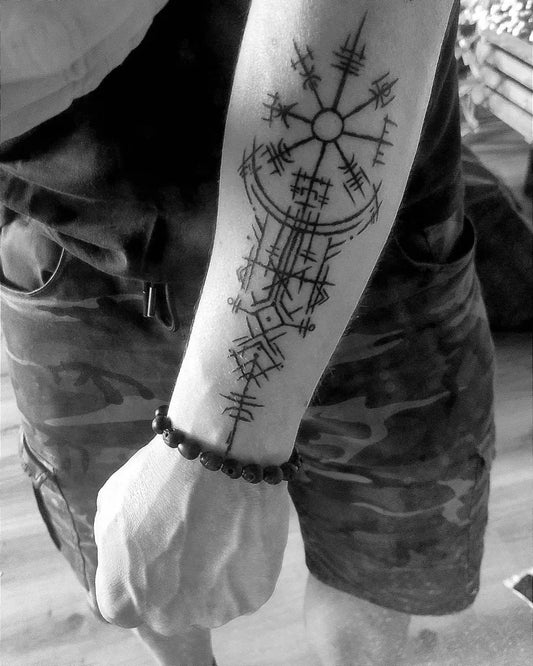 Big Blackwork Vegvisir and Runes Tattoo on Men Arm by @tomlennonjohto