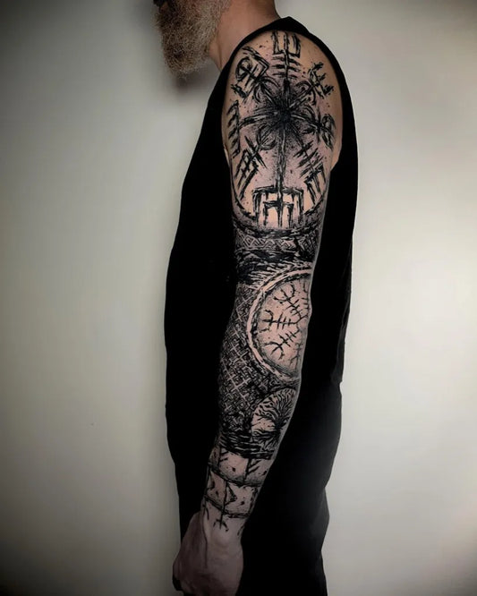 Big Blackwork Vegvisir and Runes Tattoo on Men Arm by @void.vitriol
