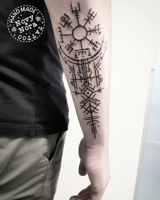 Big Blackwork Vegvisir and Runes Tattoo on Men Forearm by @novytattoo_handmade_studio