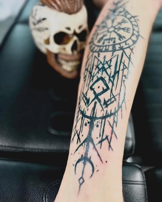 Big Blackwork Vegvisir and Runes Tattoo on Men Leg by @projekt_tattoo_ink