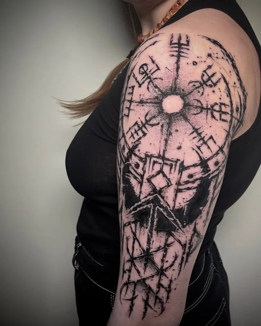 Big Blackwork Vegvisir and Runes Tattoo on Women Arm by @void.vitriol