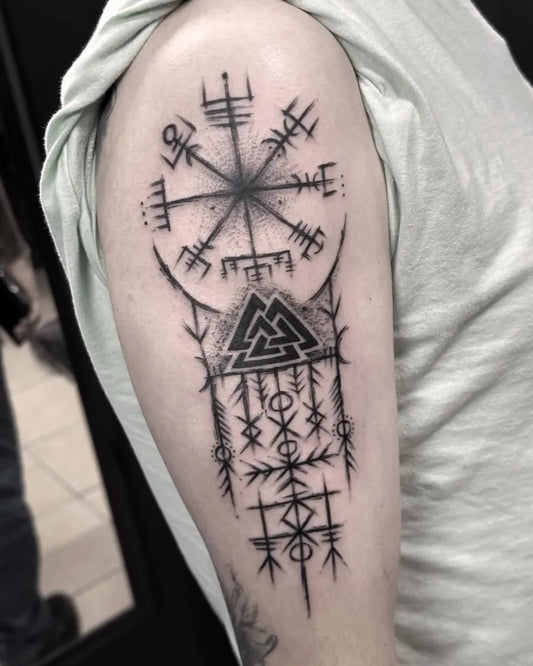 Big Blackwork Vegvisir and Valknut Tattoo on Men Arm by @jonatthanhernandesz