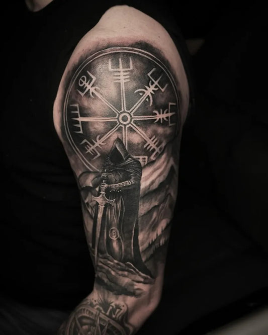 Big Blackwork Vegvisir and Warrior Tattoo on Men Arm by @anna_sawizki