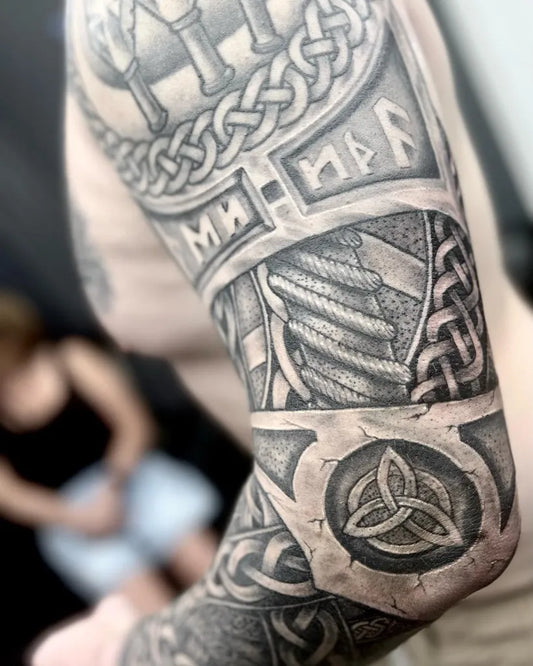 Big Blackwork VikingArmor Tattoo on Men Upper Arm by @blackorchidtattoofl