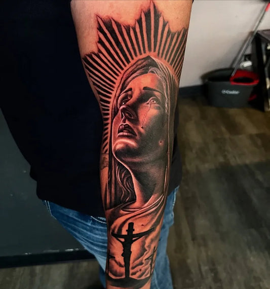 Big Blackwork Virgin Mary Cross on Men Arm Religious Tattoo by @mikey_warrior