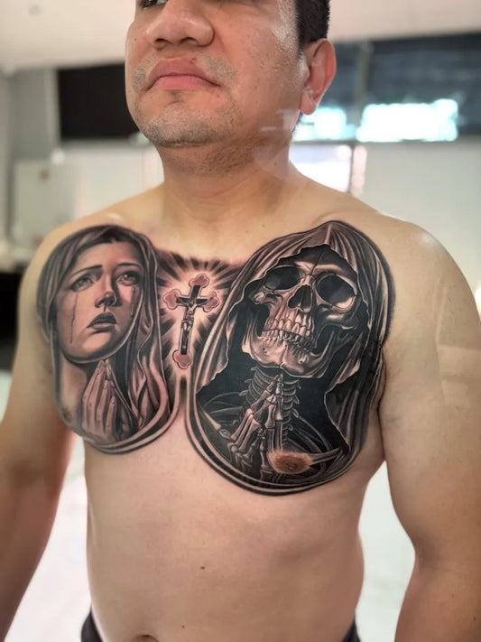 Big Blackwork Virgin Mary Death Skull on Men Chest Tattoo by @cv_ink