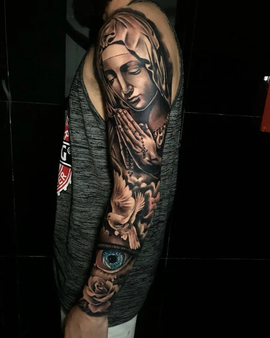 Big Blackwork Virgin Mary Praying Roses Eye on Men Arm Religious Tattoo by @ekayuliawan
