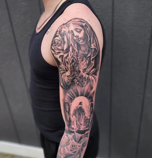 Big Blackwork Virgin Mary Priest and Roses on Men Arm Religious Tattoo by @abel.hernandez_tattoos