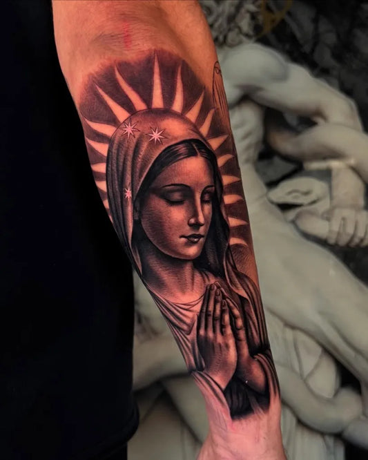 Big Blackwork Virgin Mary Tattoo on Men Arm by @fernxndojrtatts