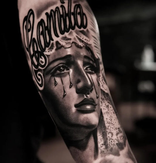 Big Blackwork Virgin Mary Tattoo on Men Arm by @kiryl_st_tattoo