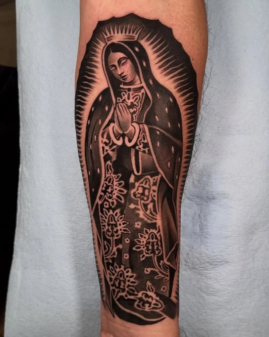 Big Blackwork Virgin Mary Tattoo on Women Arm by @brkntattoos