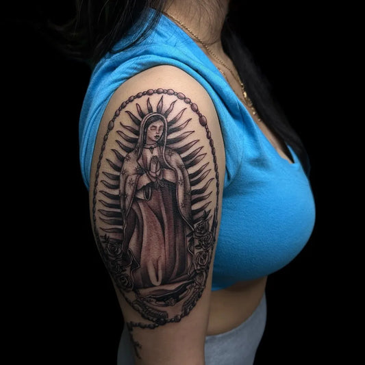 Big Blackwork Virgin Mary Tattoo on Women Arm by @mandomilli