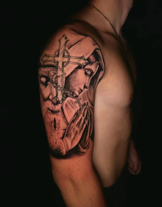 Big Blackwork Virgin Mary and Jesus on Men Shoulder Religious Tattoo by @inklulu_