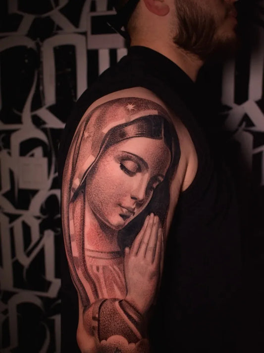 Big Blackwork Virgin Mary on Men Arm Religious Tattoo by @aotattoos