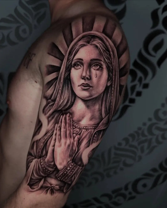 Big Blackwork Virgin Mary on Men Shoulder Religious Tattoo by @dinotatua