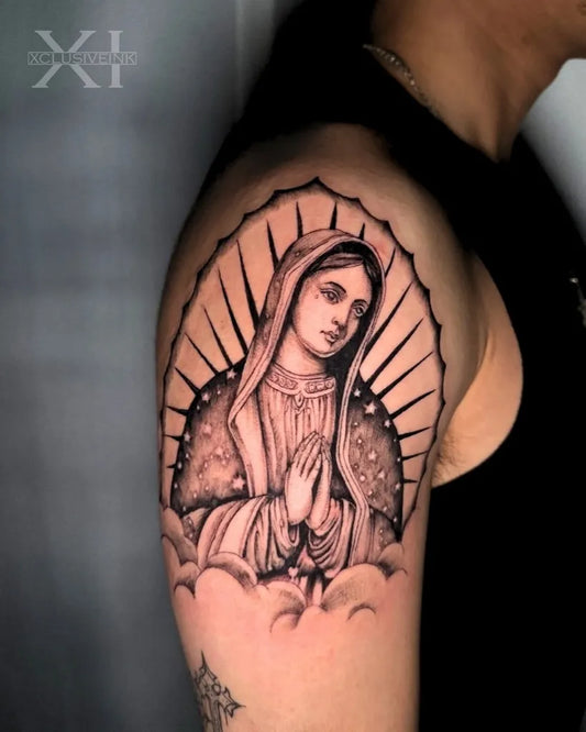 Big Blackwork Virgin Mary on Men Shoulder Religious Tattoo by @xclusiveink