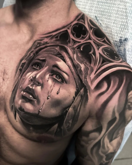 Big Blackwork Virgin Mary with Gothic Rose Window Tattoo on Men Shoulder by @delmertattoos