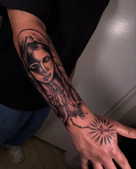 Big Blackwork Virgin Mary with Rosary and Sunburst on Men Arm Religious Tattoo by @slapitonink