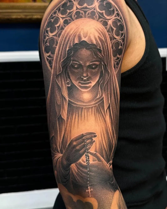 Big Blackwork Virgin Mary with Rosary on Men Arm Religious Tattoo by @baka.tat2