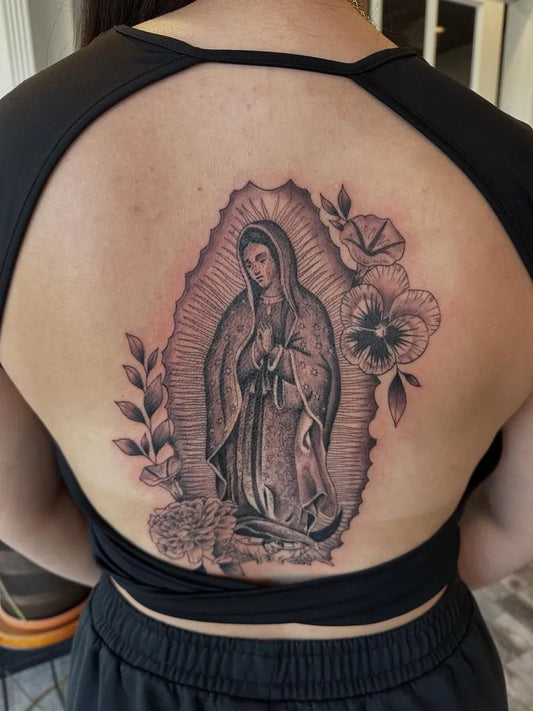 Big Blackwork Virgin Mary with Roses Tattoo on Women Back by @tristenttattoos