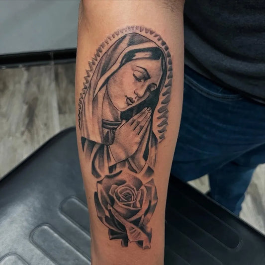 Big Blackwork VirginMary Rose on Men Arm Religious Tattoo by @tattoosbygovea