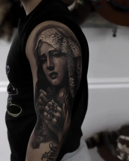 Big Blackwork VirginMary with Rosary on Men Arm Religious Tattoo by @polina_cohen_