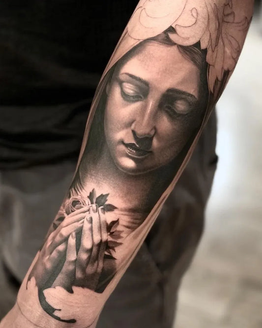 Big Blackwork VirginMary with Roses on Men Arm Religious Tattoo by @bbooxs