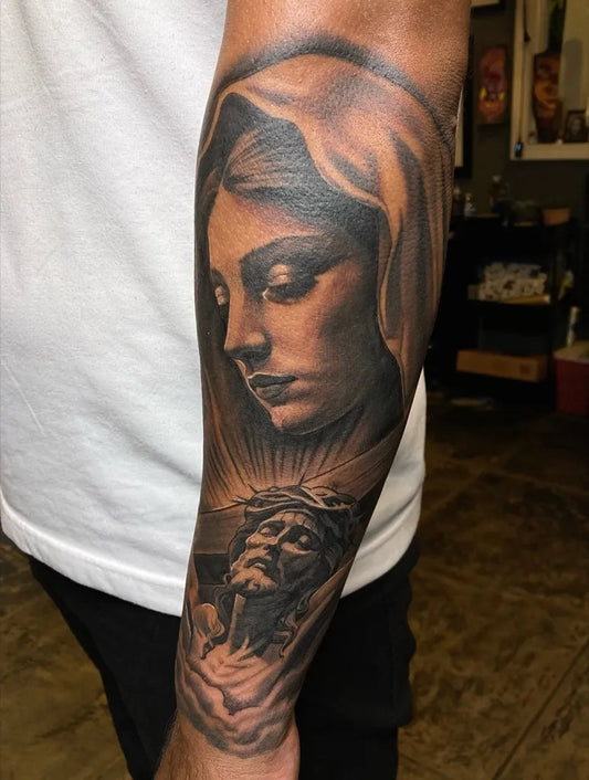 Big Blackwork VirginMaryandJesus on Men Arm Religious Tattoo by @branden_benitez